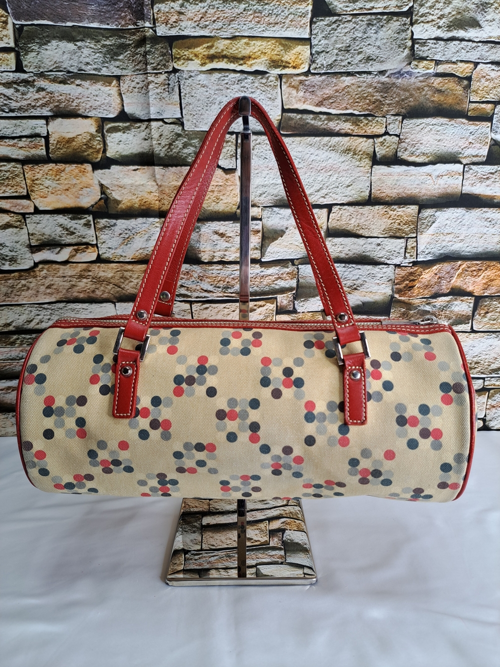 BURBERRY BARREL SHOULDER BAG CANVAS DIGIT-DOT LEATHER DOUBLE HANDLES BLUE LABEL